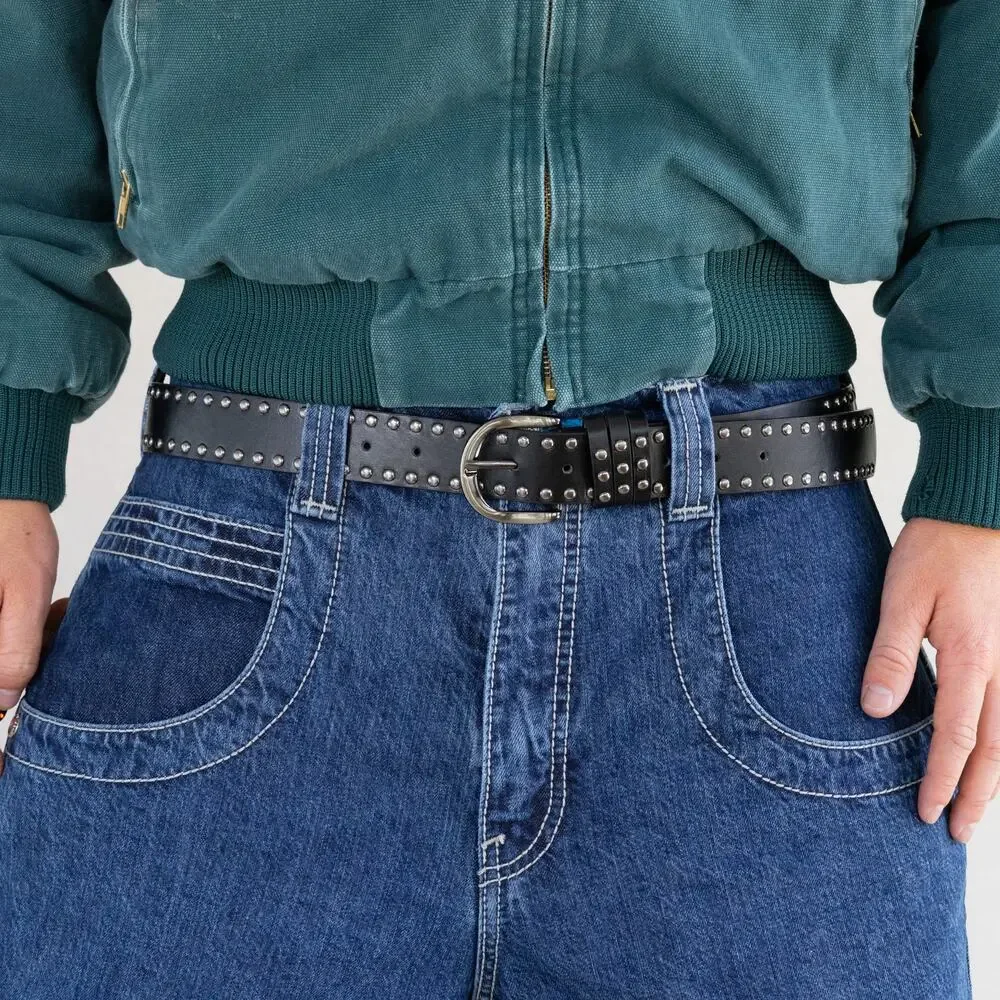 Vintage Black Studded Leather Belt Triple Row Silver Studs Y2K Streetwear Unisex